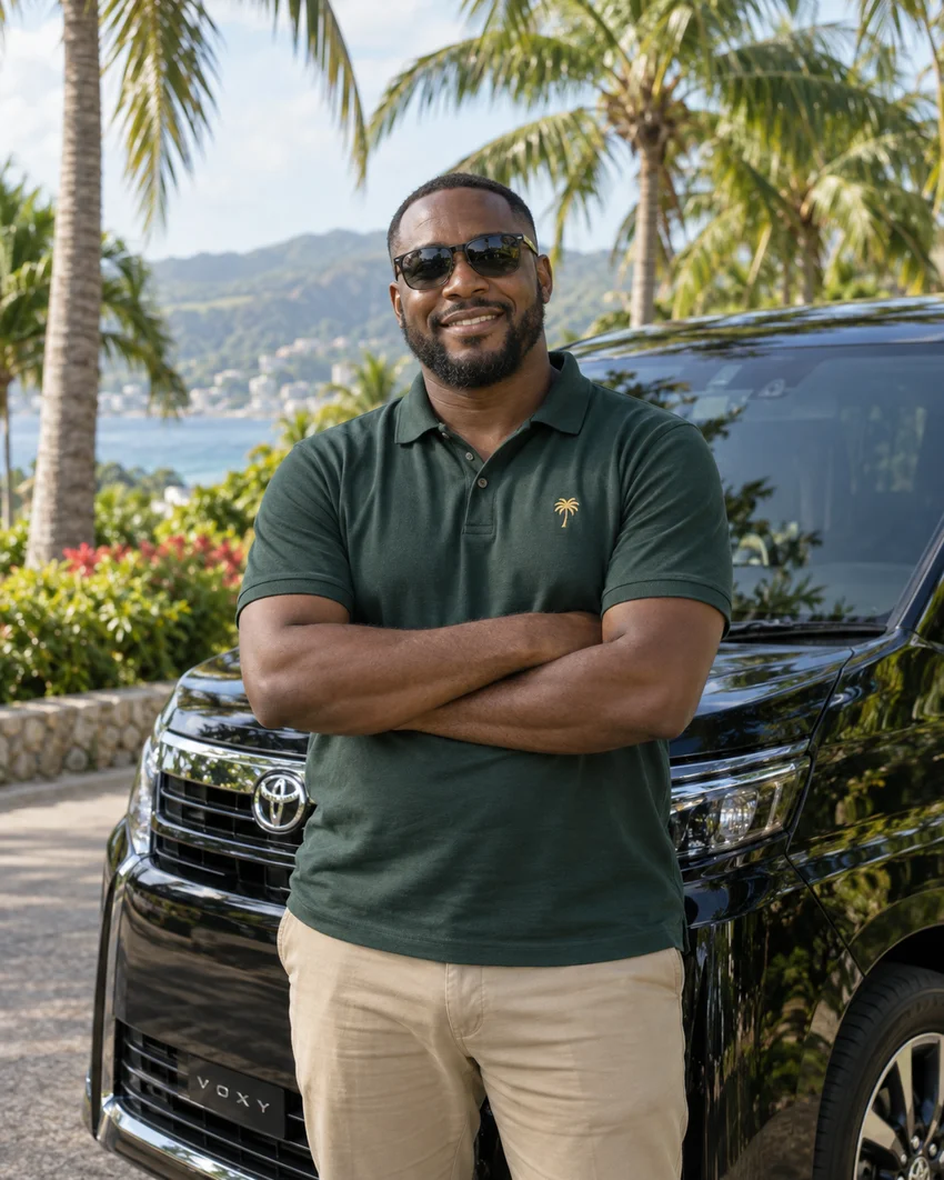 Illustrative portrait of a Jamaican tour driver beside a private vehicle